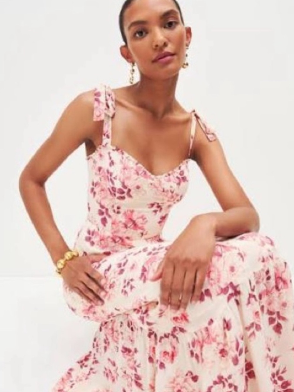 Floral Tie-Shoulder Maxi Dress in Pink